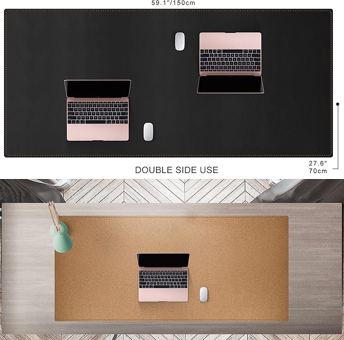 MAIDERN 59”x 27.5” Leather Desk Mat XL, Large Desk Pad, Reversible Cork & Leather Large Mouse pad for Desk, Waterproof Computer Desk Mat for Gaming Home Office (Black) | Desk Pads Blotters - TrueDesk