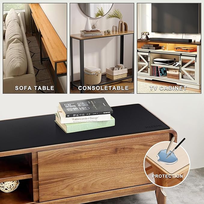 MAIDERN 63” x 7.9” Narrow Table Cover, Reversible Leather & Cork Console Table Mat, Long Slim Table Protector for Sofa Table, Entryway, Sideboard, Hallway, or Buffet Table (Black) | Tablecloths - TrueDesk