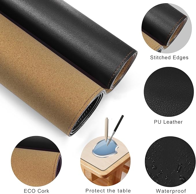 MAIDERN 67”x 27.5” Leather Desk Mat XXL, Large Desk Pad, Reversible Cork & Leather Large Mouse pad for Desk, Waterproof Computer Desk Mat for Gaming Home Office (Black) | Desk Pads Blotters - TrueDesk