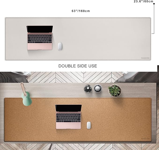 MAIDERN Cork & Leather Desk Mat, 63' x 23.6', Dual Sided Pad Protector for Gaming and Home Office (Cream) | Desk Pads Blotters - TrueDesk