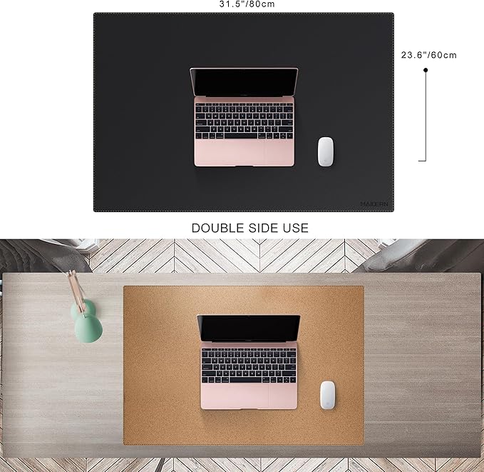 MAIDERN Leather Desk Mat, 31.5” x 24” Reversible Large Desk Pad Mat, Cork & Leather Large Mouse pad for Desk, Waterproof Computer Desk Mat for Gaming Home Office (Black) | Desk Pads Blotters - TrueDesk