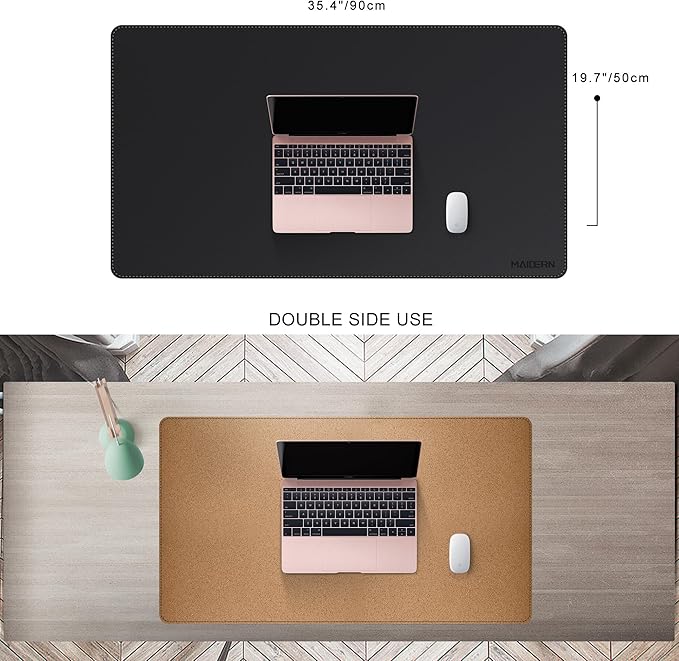 MAIDERN Leather Desk Mat, 35.4” x 19.6” Reversible Large Desk Pad Mat, Cork & Leather Large Mouse pad for Desk, Waterproof Computer Desk Mat for Gaming Home Office (Black) | Desk Pads Blotters - TrueDesk