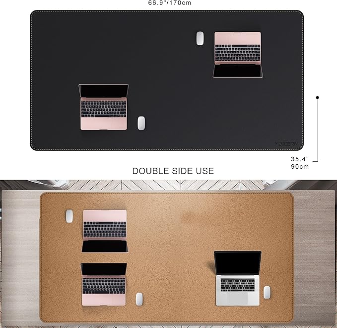MAIDERN Leather Desk Mat Large XL, 67” x 35.4” Reversible Office Desk Pad Mat, Cork & Leather Large Mouse pad for Desk, Waterproof Computer Desk Mat for Gaming Home Office (Black) | Desk Pads Blotters - TrueDesk