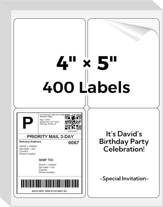 Mailing Labels for Laser/Inkjet Printer, Address Labels Stickers - 100 Sheets 4” x 5” 4 up Printable Sticker Paper, 400 Shippping Label for Packages | Laser Inkjet Printer Labels - TrueDesk