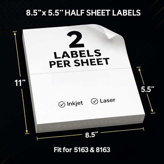 Mailing Labels for Laser/Inkjet Printer, Address Labels Stickers - 100 Sheets 8.5” x 5.5” Half Sheet Printable Sticker Paper, 200 Address Label for Packages (2 Shipping Label/Sheet) | Laser Inkjet Printer Labels - TrueDesk