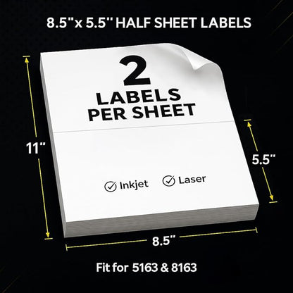 Mailing Labels for Laser/Inkjet Printer, Address Labels Stickers - 100 Sheets 8.5” x 5.5” Half Sheet Printable Sticker Paper, 200 Address Label for Packages (2 Shipping Label/Sheet) | Laser Inkjet Printer Labels - TrueDesk