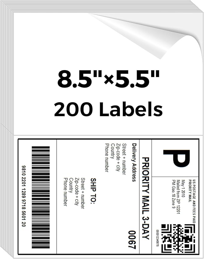 Mailing Labels for Laser/Inkjet Printer, Address Labels Stickers - 100 Sheets 8.5” x 5.5” Half Sheet Printable Sticker Paper, 200 Address Label for Packages (2 Shipping Label/Sheet) | Laser Inkjet Printer Labels - TrueDesk