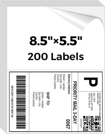 Mailing Labels for Laser/Inkjet Printer, Address Labels Stickers - 100 Sheets 8.5” x 5.5” Half Sheet Printable Sticker Paper, 200 Address Label for Packages (2 Shipping Label/Sheet) | Laser Inkjet Printer Labels - TrueDesk