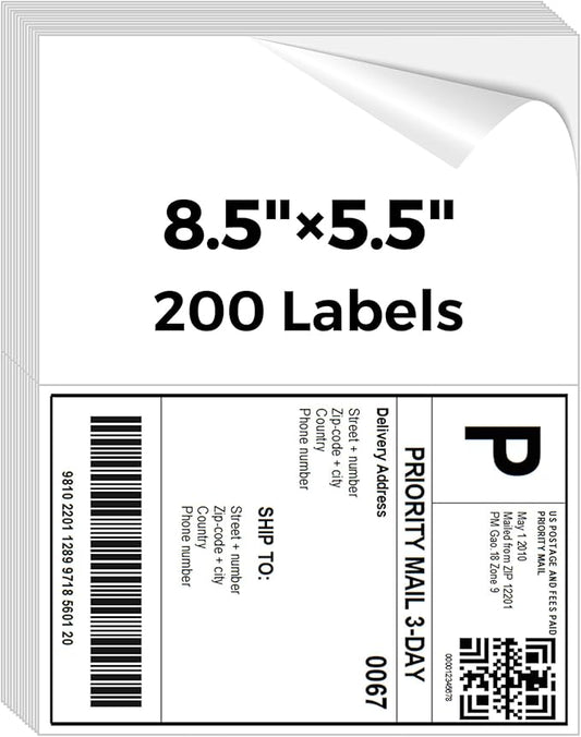 Mailing Labels for Laser/Inkjet Printer, Address Labels Stickers - 100 Sheets 8.5” x 5.5” Half Sheet Printable Sticker Paper, 200 Address Label for Packages (2 Shipping Label/Sheet) | Laser Inkjet Printer Labels - TrueDesk