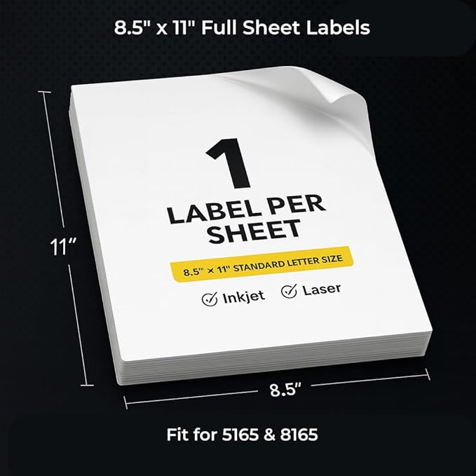 Mailing Labels for Laser/Inkjet Printer, Address Labels Stickers - 500 Sheets 8.5” x 11” Full Sheet Printable Sticker Paper, 500 Large Mailing Label for Packages (1 Shipping Label/Sheet) | Laser Inkjet Printer Labels - TrueDesk