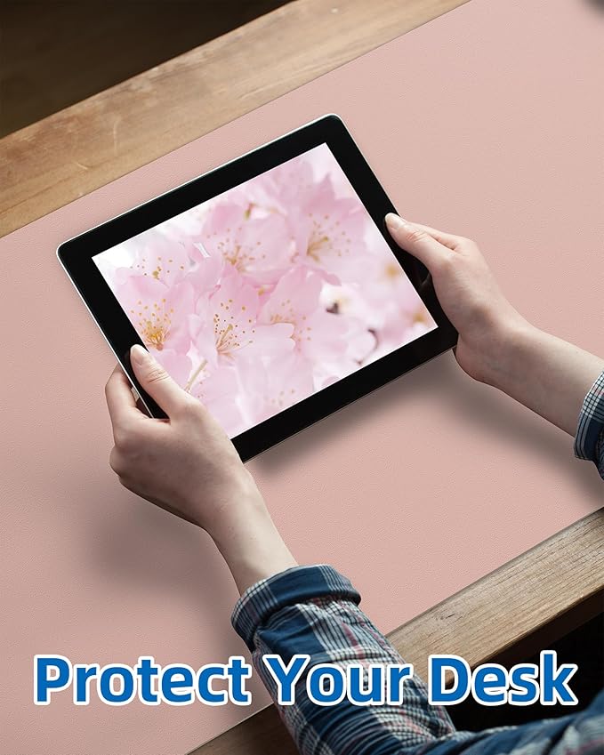 Makeup Mat for Vanity, PU Leather Desk Pad Blotter,Waterproof & Oilproof Desk Protector, Easy Clean Beauty Station Mat for Dresser Top, 35x17 Inches, Pink | Desk Pads Blotters - TrueDesk