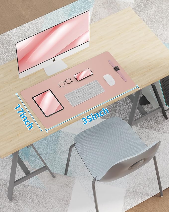 Makeup Mat for Vanity, PU Leather Desk Pad Blotter,Waterproof & Oilproof Desk Protector, Easy Clean Beauty Station Mat for Dresser Top, 35x17 Inches, Pink | Desk Pads Blotters - TrueDesk