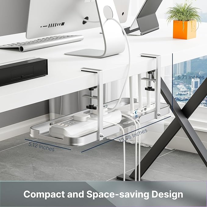 Mavens Under Desk Cable Management Tray, 13.7" No Drill Aluminum Alloy Cord Organizer with Clamps for Wire Management, Cord Organizers for Home Office Standing Desk (Elegant Silver) | Racks Cabinets - TrueDesk