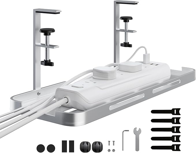 Mavens Under Desk Cable Management Tray, 13.7" No Drill Aluminum Alloy Cord Organizer with Clamps for Wire Management, Cord Organizers for Home Office Standing Desk (Elegant Silver) | Racks Cabinets - TrueDesk
