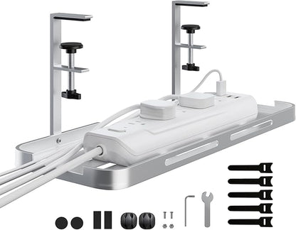 Mavens Under Desk Cable Management Tray, 13.7" No Drill Aluminum Alloy Cord Organizer with Clamps for Wire Management, Cord Organizers for Home Office Standing Desk (Elegant Silver) | Racks Cabinets - TrueDesk
