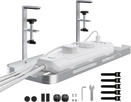 Mavens Under Desk Cable Management Tray, 13.7" No Drill Aluminum Alloy Cord Organizer with Clamps for Wire Management, Cord Organizers for Home Office Standing Desk (Elegant Silver) | Racks Cabinets - TrueDesk