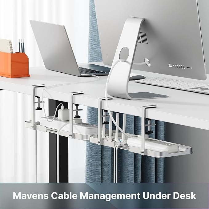 Mavens Under Desk Cable Management Tray, 13.7" No Drill Aluminum Alloy Cord Organizer with Clamps for Wire Management, Cord Organizers for Home Office Standing Desk (Elegant Silver) | Racks Cabinets - TrueDesk