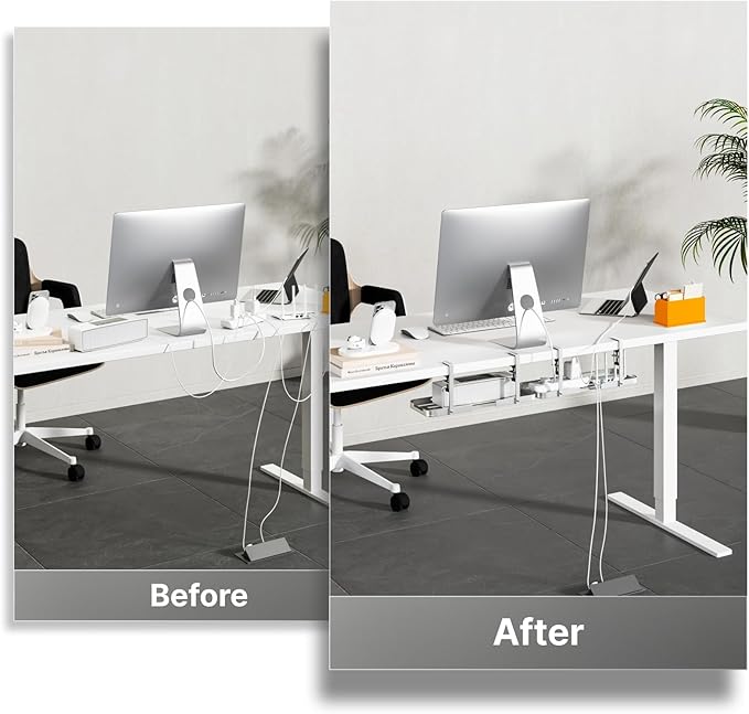 Mavens Under Desk Cable Management Tray, 13.7" No Drill Aluminum Alloy Cord Organizer with Clamps for Wire Management, Cord Organizers for Home Office Standing Desk (Elegant Silver) | Racks Cabinets - TrueDesk