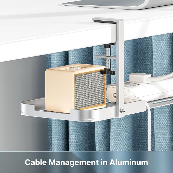 Mavens Under Desk Cable Management Tray, 13.7" No Drill Aluminum Alloy Cord Organizer with Clamps for Wire Management, Cord Organizers for Home Office Standing Desk (Elegant Silver) | Racks Cabinets - TrueDesk