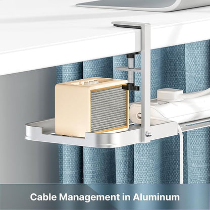 Mavens Under Desk Cable Management Tray, 13.7" No Drill Aluminum Alloy Cord Organizer with Clamps for Wire Management, Cord Organizers for Home Office Standing Desk (Elegant Silver) | Racks Cabinets - TrueDesk