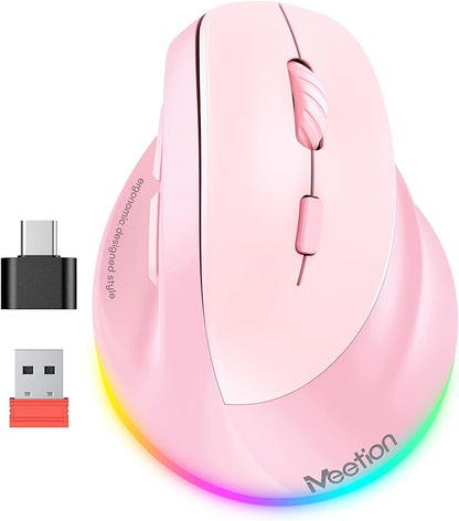 MEETION Ergonomic Mouse, Wireless Vertical Mouse RGB Backlit Rechargeable Mice for Bluetooth(5.2 + 3.0) USB - A with Type - c Adapter 4 Adjustable DPI Compatible Mac/Windows/Andriod/PC/Tablet/iPad Pink | Mice - TrueDesk