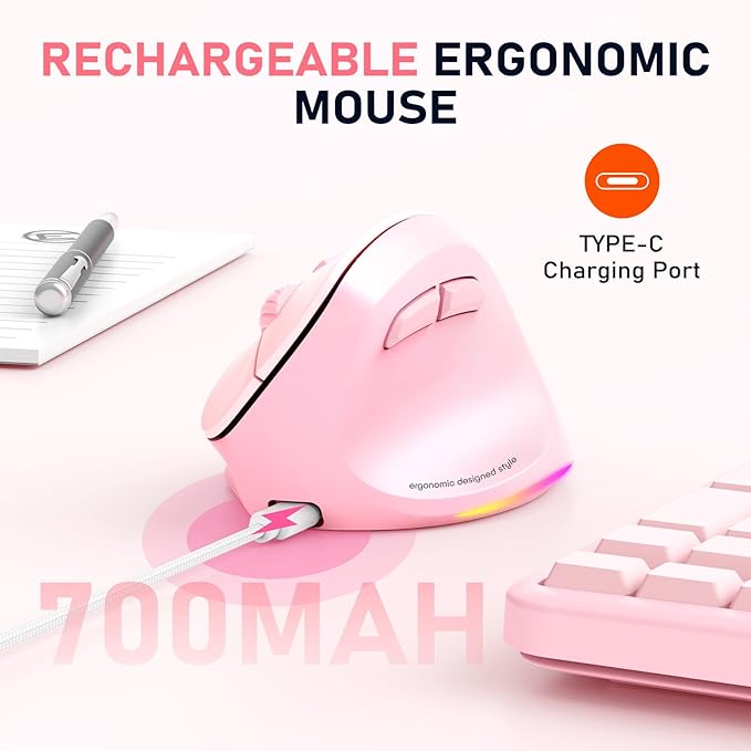 MEETION Ergonomic Mouse, Wireless Vertical Mouse RGB Backlit Rechargeable Mice for Bluetooth(5.2 + 3.0) USB - A with Type - c Adapter 4 Adjustable DPI Compatible Mac/Windows/Andriod/PC/Tablet/iPad Pink | Mice - TrueDesk