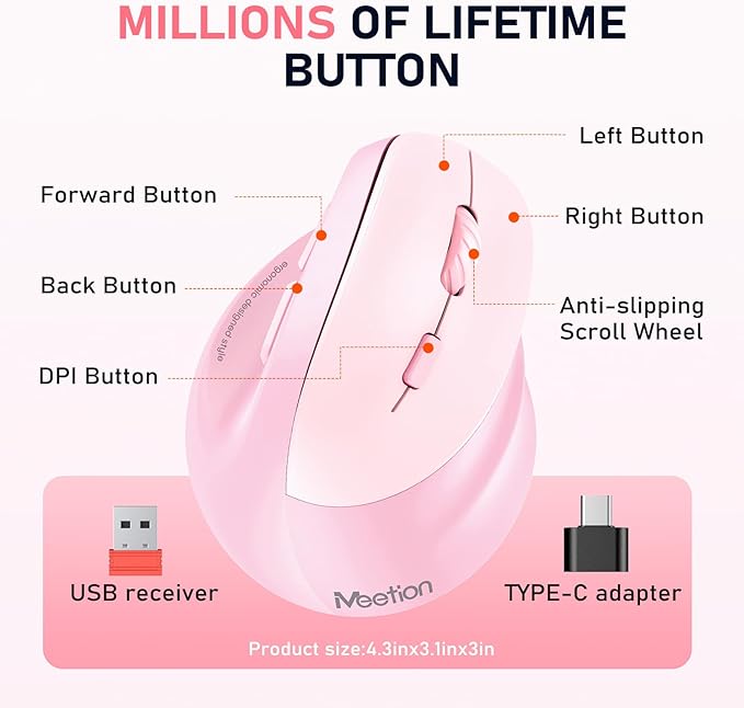 MEETION Ergonomic Mouse, Wireless Vertical Mouse RGB Backlit Rechargeable Mice for Bluetooth(5.2 + 3.0) USB - A with Type - c Adapter 4 Adjustable DPI Compatible Mac/Windows/Andriod/PC/Tablet/iPad Pink | Mice - TrueDesk