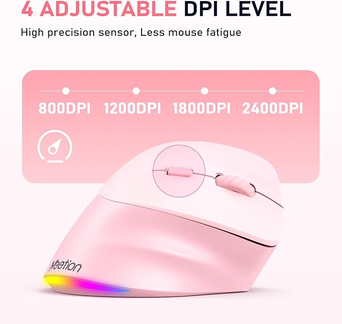 MEETION Ergonomic Mouse, Wireless Vertical Mouse RGB Backlit Rechargeable Mice for Bluetooth(5.2 + 3.0) USB - A with Type - c Adapter 4 Adjustable DPI Compatible Mac/Windows/Andriod/PC/Tablet/iPad Pink | Mice - TrueDesk