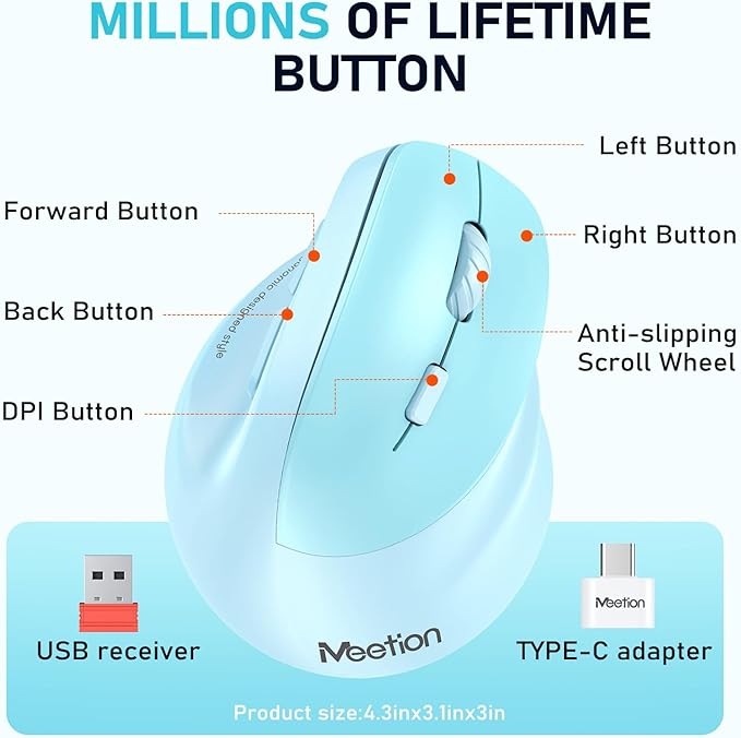MEETION Ergonomic Mouse, Wireless Vertical Mouse RGB Backlit Rechargeable Mice for Bluetooth(5.2 + 3.0) & USB - A with Type - c Adapter 4 Adjustable DPI Mac/Windows/Andriod/PC/Tablet/iPad Blue | Mice - TrueDesk