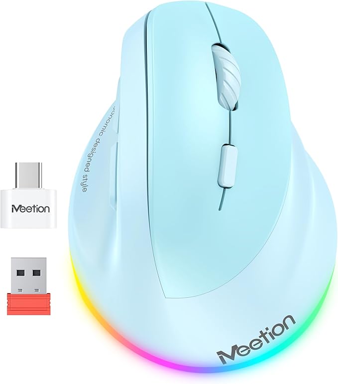 MEETION Ergonomic Mouse, Wireless Vertical Mouse RGB Backlit Rechargeable Mice for Bluetooth(5.2 + 3.0) & USB - A with Type - c Adapter 4 Adjustable DPI Mac/Windows/Andriod/PC/Tablet/iPad Blue | Mice - TrueDesk