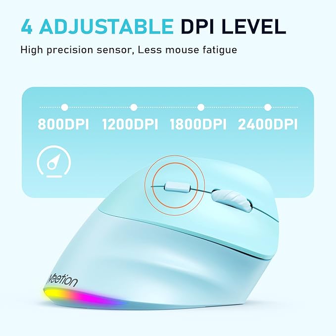 MEETION Ergonomic Mouse, Wireless Vertical Mouse RGB Backlit Rechargeable Mice for Bluetooth(5.2 + 3.0) & USB - A with Type - c Adapter 4 Adjustable DPI Mac/Windows/Andriod/PC/Tablet/iPad Blue | Mice - TrueDesk