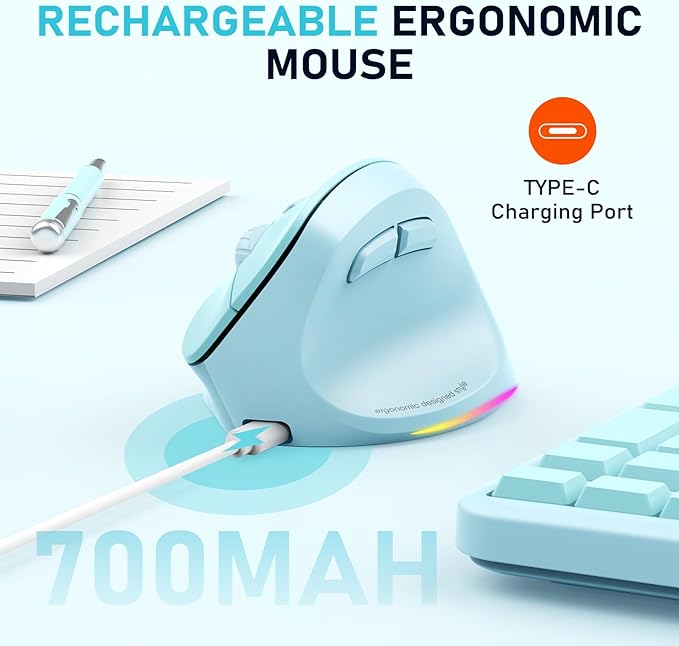 MEETION Ergonomic Mouse, Wireless Vertical Mouse RGB Backlit Rechargeable Mice for Bluetooth(5.2 + 3.0) & USB - A with Type - c Adapter 4 Adjustable DPI Mac/Windows/Andriod/PC/Tablet/iPad Blue | Mice - TrueDesk