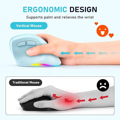 MEETION Ergonomic Mouse, Wireless Vertical Mouse RGB Backlit Rechargeable Mice for Bluetooth(5.2 + 3.0) & USB - A with Type - c Adapter 4 Adjustable DPI Mac/Windows/Andriod/PC/Tablet/iPad Blue | Mice - TrueDesk