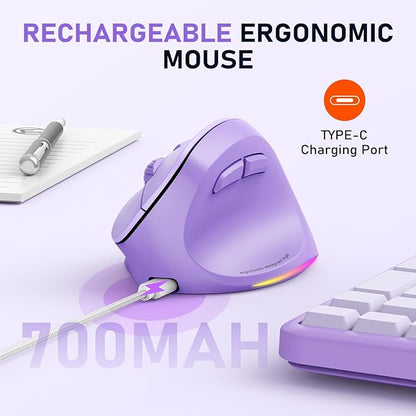 MEETION Ergonomic Mouse, Wireless Vertical Mouse RGB Backlit Rechargeable Mice for Bluetooth(5.2 + 3.0) & USB - A with USB - C Adapter 4 Adjustable DPI Compatible Mac/Windows/Andriod/PC/Tablet/iPad Purple | Mice - TrueDesk
