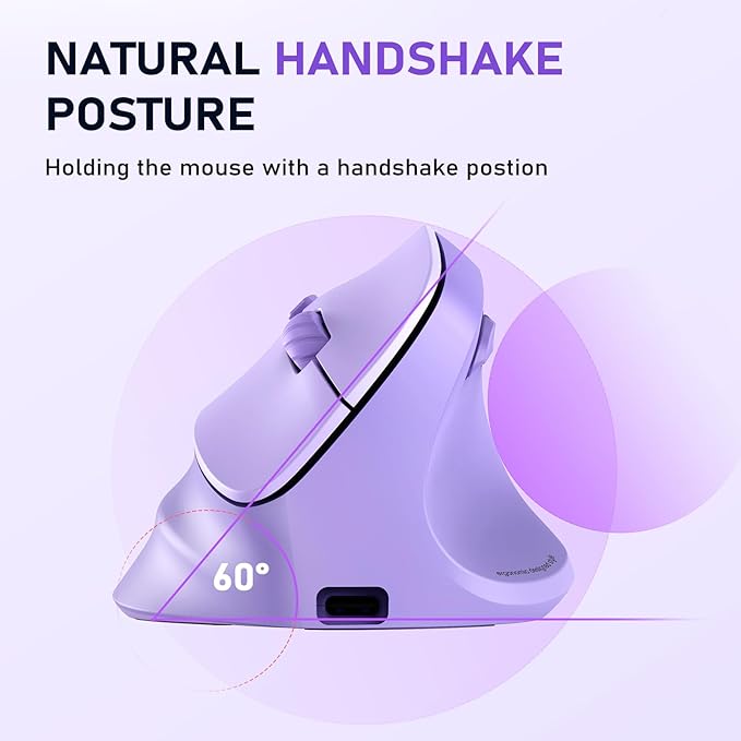 MEETION Ergonomic Mouse, Wireless Vertical Mouse RGB Backlit Rechargeable Mice for Bluetooth(5.2 + 3.0) & USB - A with USB - C Adapter 4 Adjustable DPI Compatible Mac/Windows/Andriod/PC/Tablet/iPad Purple | Mice - TrueDesk