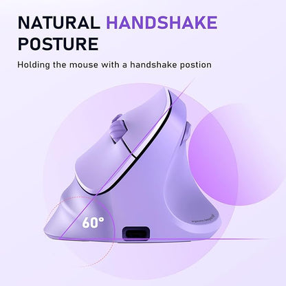 MEETION Ergonomic Mouse, Wireless Vertical Mouse RGB Backlit Rechargeable Mice for Bluetooth(5.2 + 3.0) & USB - A with USB - C Adapter 4 Adjustable DPI Compatible Mac/Windows/Andriod/PC/Tablet/iPad Purple | Mice - TrueDesk