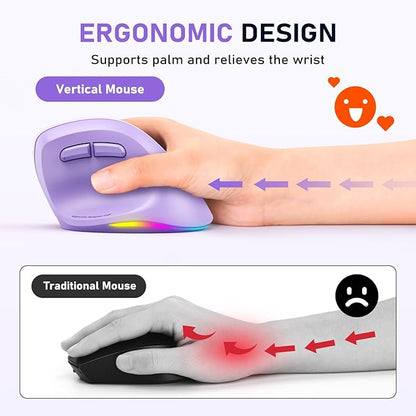 MEETION Ergonomic Mouse, Wireless Vertical Mouse RGB Backlit Rechargeable Mice for Bluetooth(5.2 + 3.0) & USB - A with USB - C Adapter 4 Adjustable DPI Compatible Mac/Windows/Andriod/PC/Tablet/iPad Purple | Mice - TrueDesk
