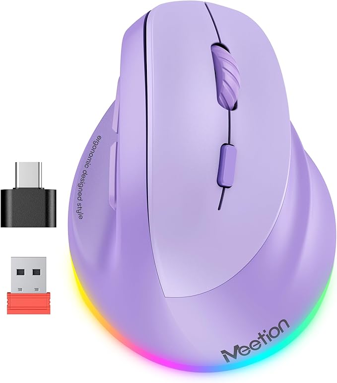 MEETION Ergonomic Mouse, Wireless Vertical Mouse RGB Backlit Rechargeable Mice for Bluetooth(5.2 + 3.0) & USB - A with USB - C Adapter 4 Adjustable DPI Compatible Mac/Windows/Andriod/PC/Tablet/iPad Purple | Mice - TrueDesk