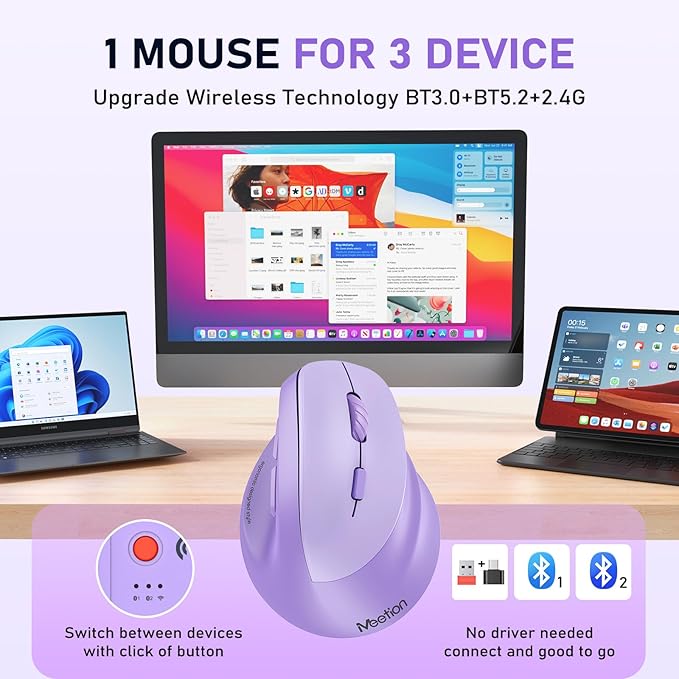 MEETION Ergonomic Mouse, Wireless Vertical Mouse RGB Backlit Rechargeable Mice for Bluetooth(5.2 + 3.0) & USB - A with USB - C Adapter 4 Adjustable DPI Compatible Mac/Windows/Andriod/PC/Tablet/iPad Purple | Mice - TrueDesk