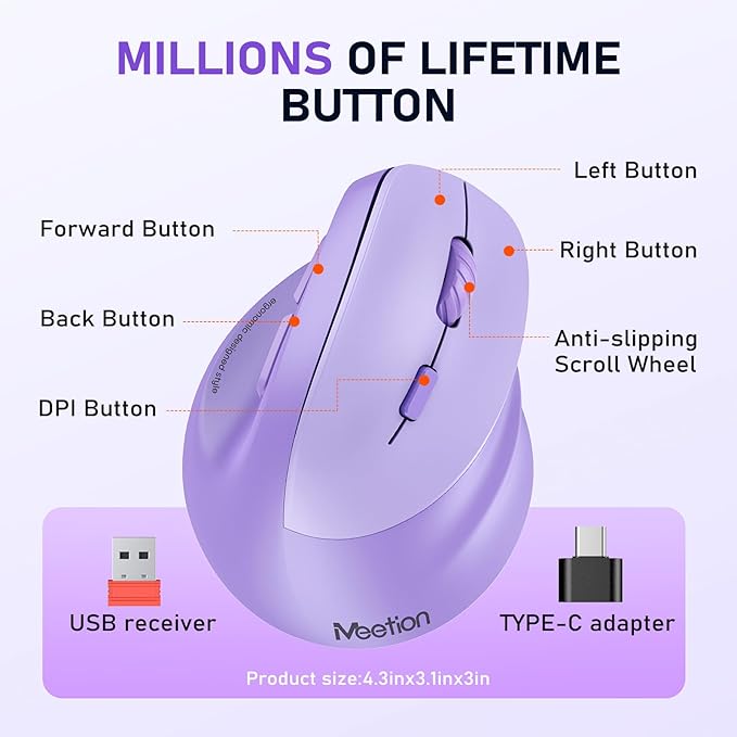 MEETION Ergonomic Mouse, Wireless Vertical Mouse RGB Backlit Rechargeable Mice for Bluetooth(5.2 + 3.0) & USB - A with USB - C Adapter 4 Adjustable DPI Compatible Mac/Windows/Andriod/PC/Tablet/iPad Purple | Mice - TrueDesk