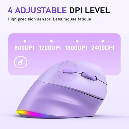MEETION Ergonomic Mouse, Wireless Vertical Mouse RGB Backlit Rechargeable Mice for Bluetooth(5.2 + 3.0) & USB - A with USB - C Adapter 4 Adjustable DPI Compatible Mac/Windows/Andriod/PC/Tablet/iPad Purple | Mice - TrueDesk