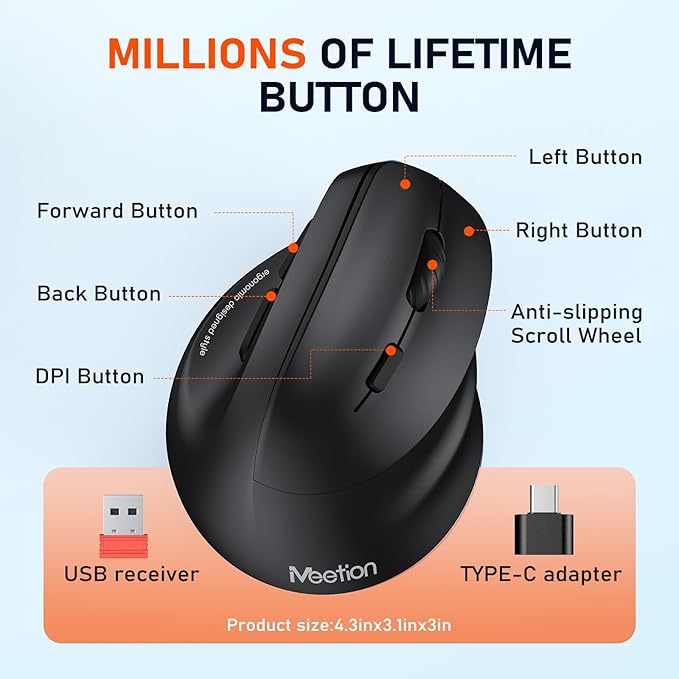 MEETION Ergonomic Mouse, Wireless Vertical Mouse RGB Backlit Rechargeable Mice for Bluetooth(5.2 + 3.0) & USB - A with USB - C Adapter 4 Adjustable DPI for Mac/Windows/Andriod/PC/Tablet/iPad Black | Mice - TrueDesk
