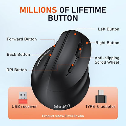 MEETION Ergonomic Mouse, Wireless Vertical Mouse RGB Backlit Rechargeable Mice for Bluetooth(5.2 + 3.0) & USB - A with USB - C Adapter 4 Adjustable DPI for Mac/Windows/Andriod/PC/Tablet/iPad Black | Mice - TrueDesk