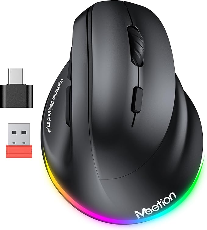 MEETION Ergonomic Mouse, Wireless Vertical Mouse RGB Backlit Rechargeable Mice for Bluetooth(5.2 + 3.0) & USB - A with USB - C Adapter 4 Adjustable DPI for Mac/Windows/Andriod/PC/Tablet/iPad Black | Mice - TrueDesk