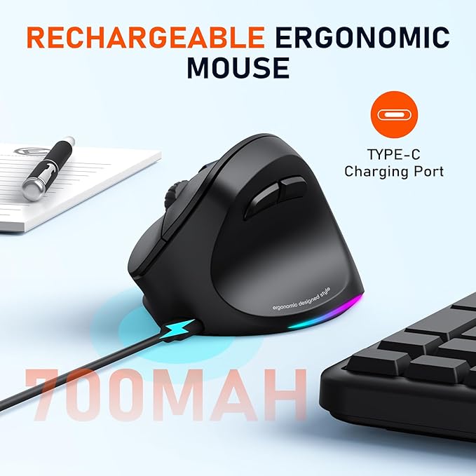 MEETION Ergonomic Mouse, Wireless Vertical Mouse RGB Backlit Rechargeable Mice for Bluetooth(5.2 + 3.0) & USB - A with USB - C Adapter 4 Adjustable DPI for Mac/Windows/Andriod/PC/Tablet/iPad Black | Mice - TrueDesk