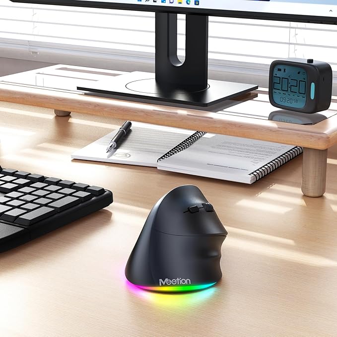 MEETION Ergonomic Mouse, Wireless Vertical Mouse RGB Backlit Rechargeable Mice for Bluetooth(5.2 + 3.0) & USB - A with USB - C Adapter 4 Adjustable DPI for Mac/Windows/Andriod/PC/Tablet/iPad Black | Mice - TrueDesk