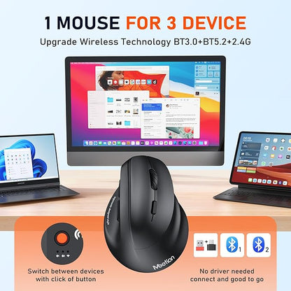 MEETION Ergonomic Mouse, Wireless Vertical Mouse RGB Backlit Rechargeable Mice for Bluetooth(5.2 + 3.0) & USB - A with USB - C Adapter 4 Adjustable DPI for Mac/Windows/Andriod/PC/Tablet/iPad Black | Mice - TrueDesk