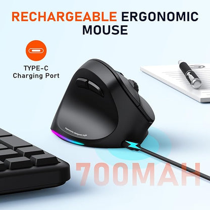 MEETION Left - Handed Ergonomic Mouse, Wireless Vertical RGB Rechargeable Mouse, Bluetooth(5.2 + 3.0) & USB - A with USB - C Adapter 4 Adjustable DPI Mice for Mac/Windows/PC/Tablet/iPad Black | Mice - TrueDesk