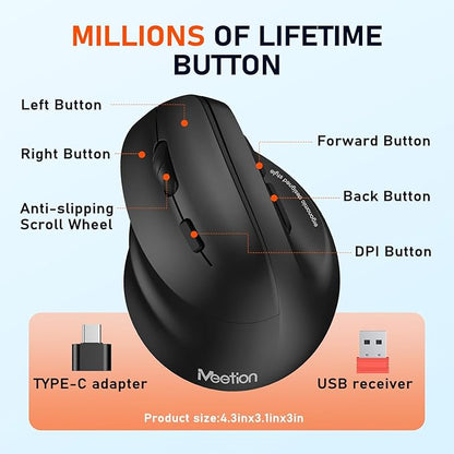 MEETION Left - Handed Ergonomic Mouse, Wireless Vertical RGB Rechargeable Mouse, Bluetooth(5.2 + 3.0) & USB - A with USB - C Adapter 4 Adjustable DPI Mice for Mac/Windows/PC/Tablet/iPad Black | Mice - TrueDesk