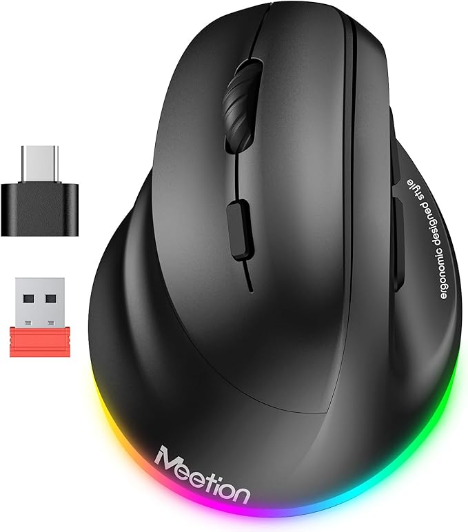 MEETION Left - Handed Ergonomic Mouse, Wireless Vertical RGB Rechargeable Mouse, Bluetooth(5.2 + 3.0) & USB - A with USB - C Adapter 4 Adjustable DPI Mice for Mac/Windows/PC/Tablet/iPad Black | Mice - TrueDesk